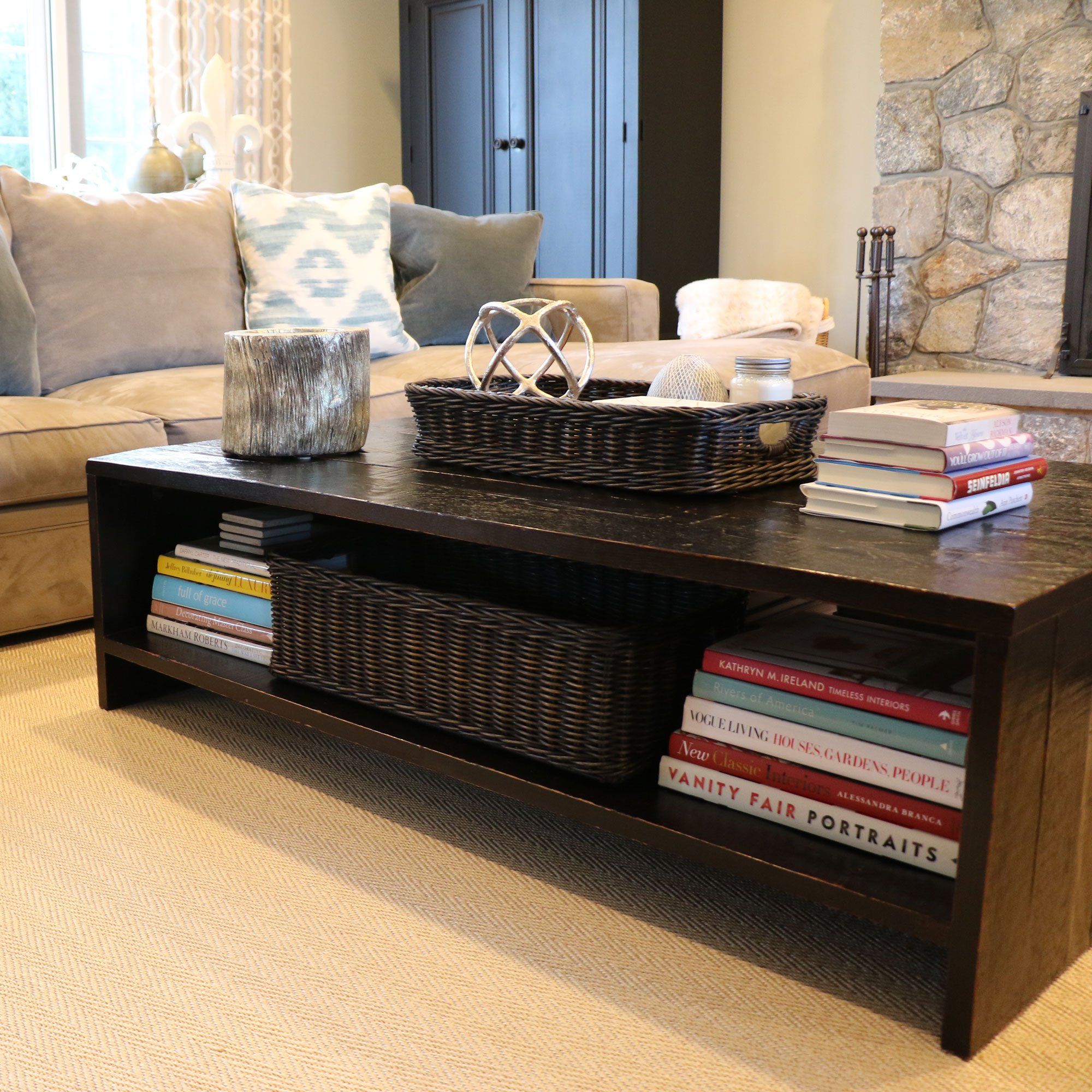 Long Low Wicker Basket in Antique Walnut Brown as coffee table storage