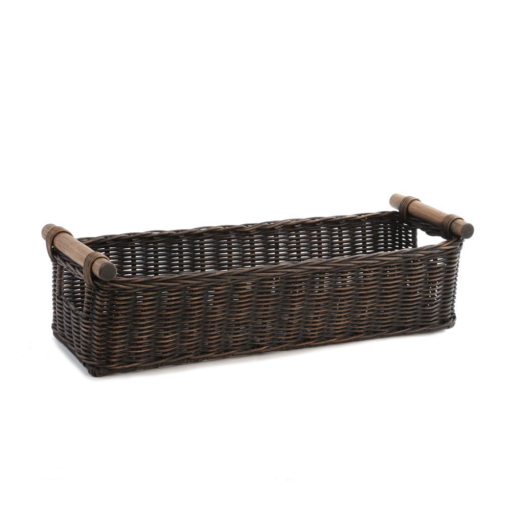 Long Narrow Pole Handle Wicker Storage Basket in Antique Walnut Brown, size M | The Basket Lady