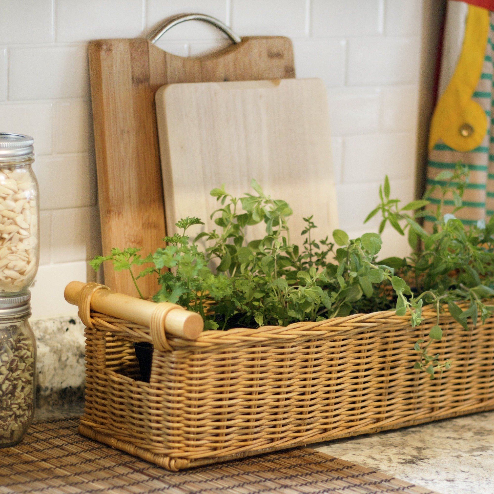 Long Narrow Pole Handle Wicker Storage Basket in Sandstone on kitchen counter | The Basket Lady