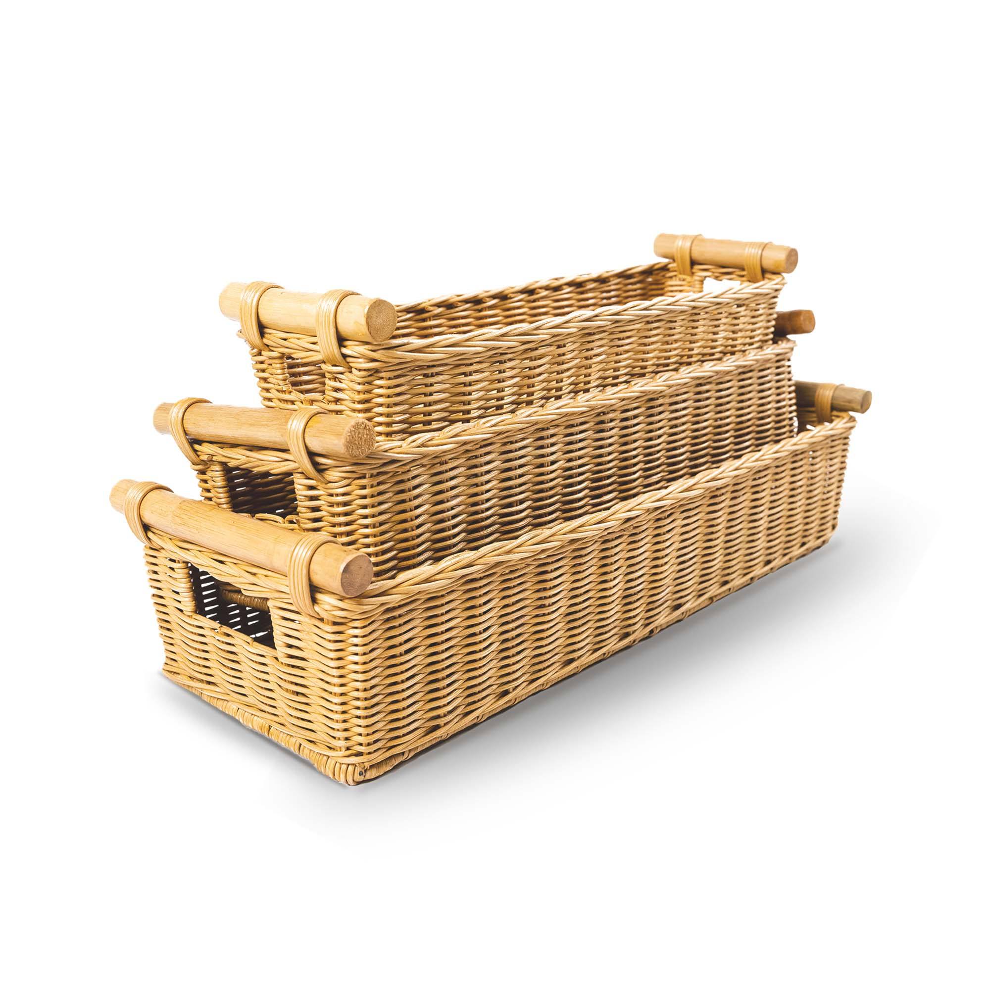 Long Narrow Pole Handle Storage Basket in Sandstone, 3 sizes stacked | The Basket Lady