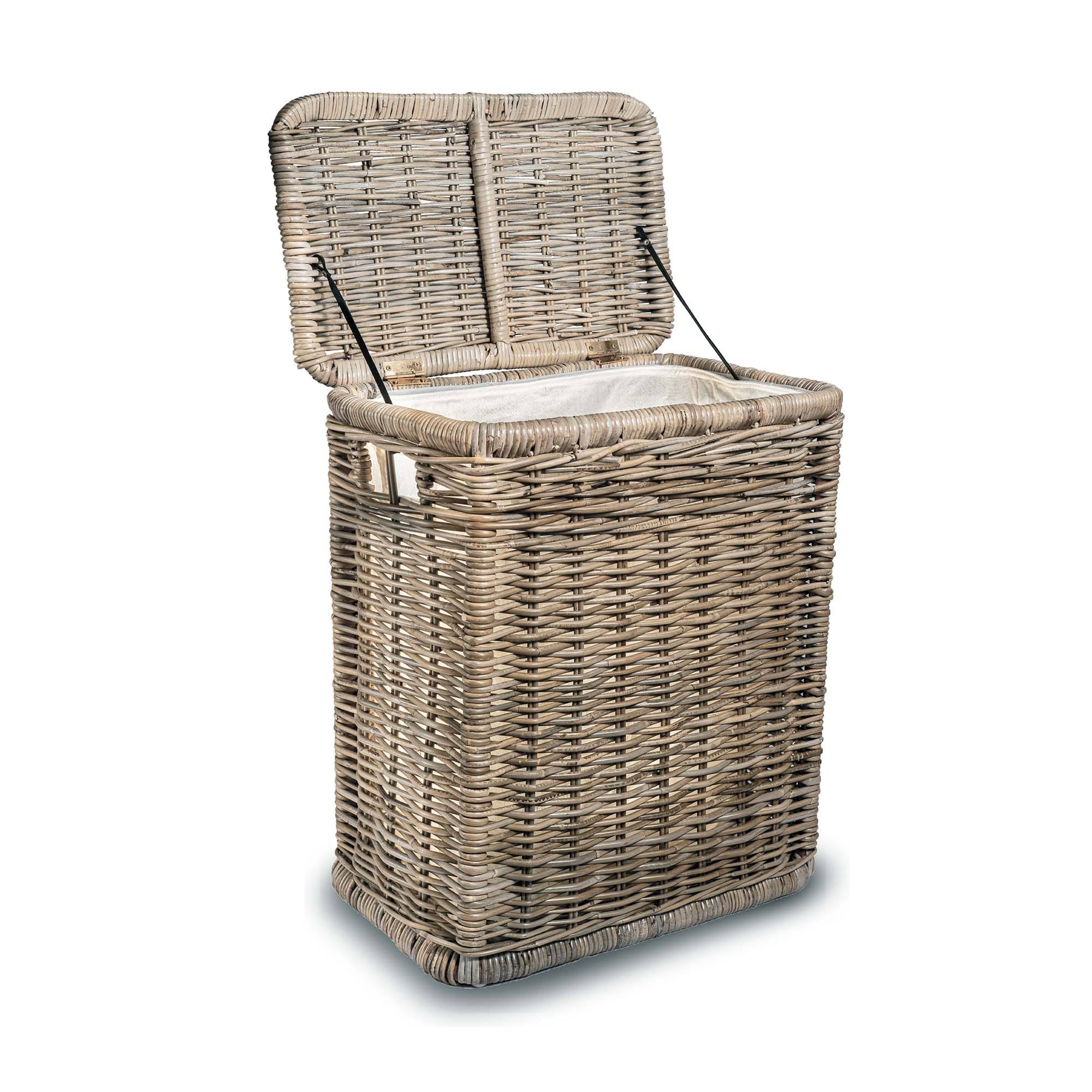 Narrow Rectangular Kubu Laundry Hamper in Serene Grey with lid open | The Basket Lady