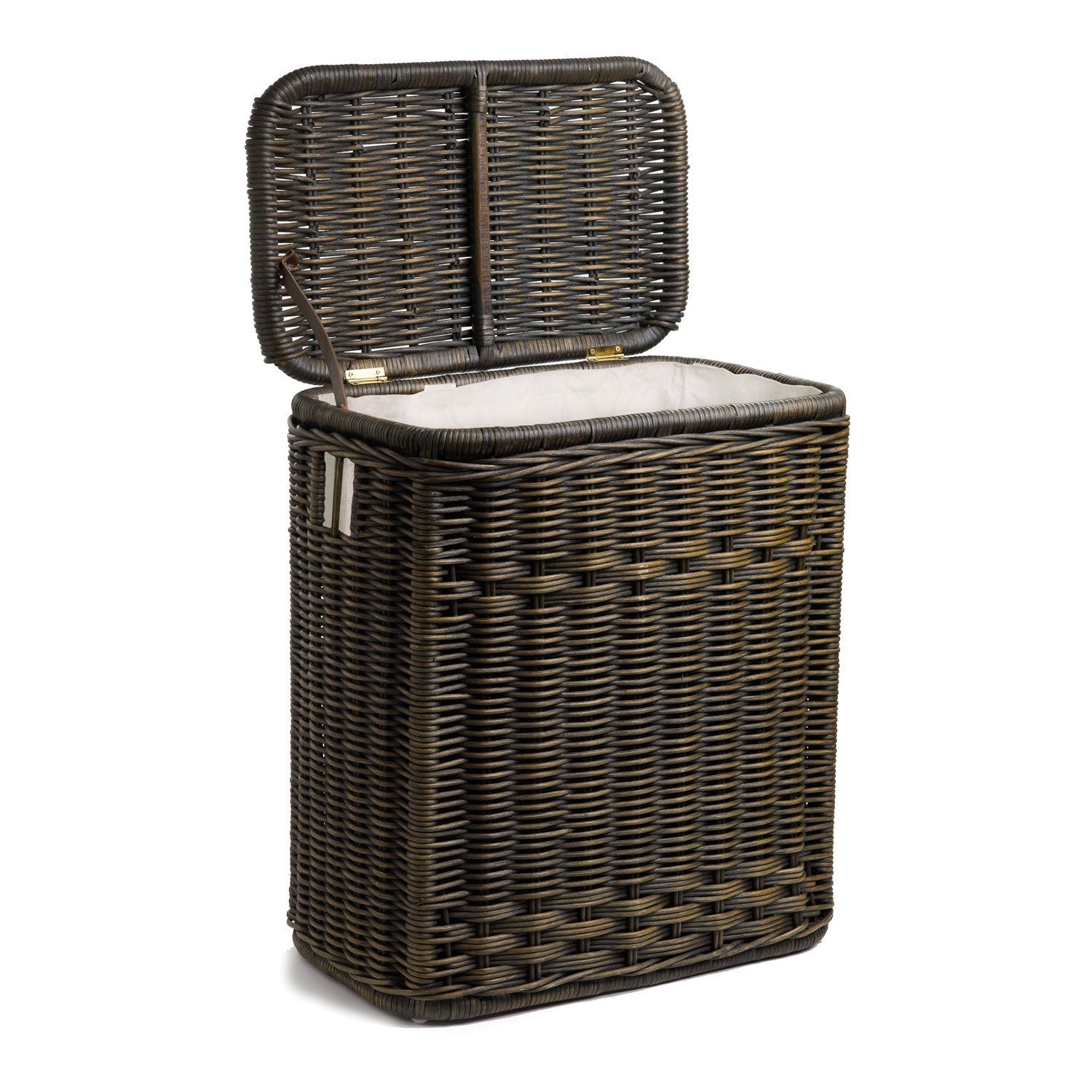 #color_antique walnut brown - The Basket Lady Narrow Rectangular Wicker Laundry Hamper, lid open | The Basket Lady
