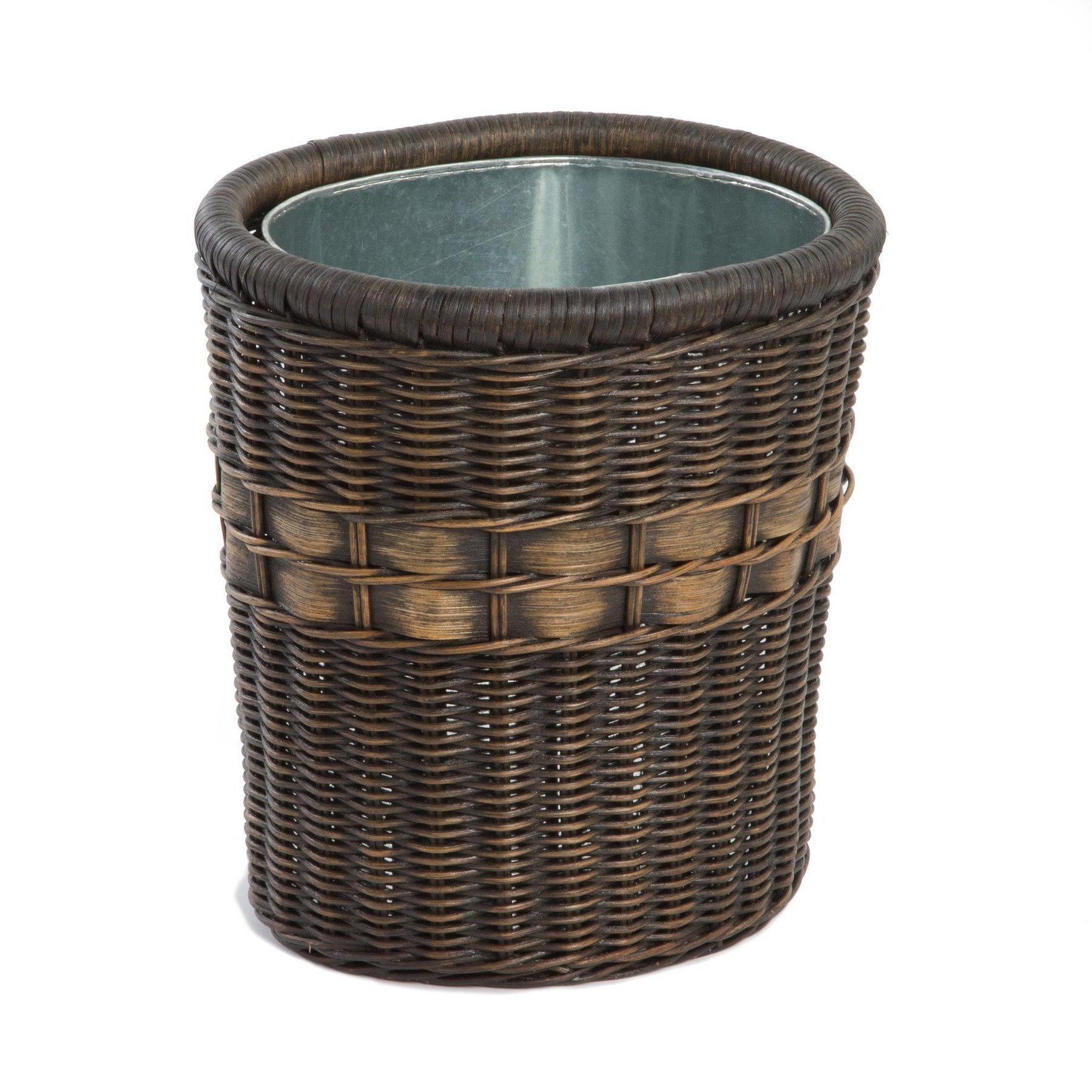 The Basket Lady Large Wicker Waste Basket with Metal Liner, One size, Antique Walnut Brown