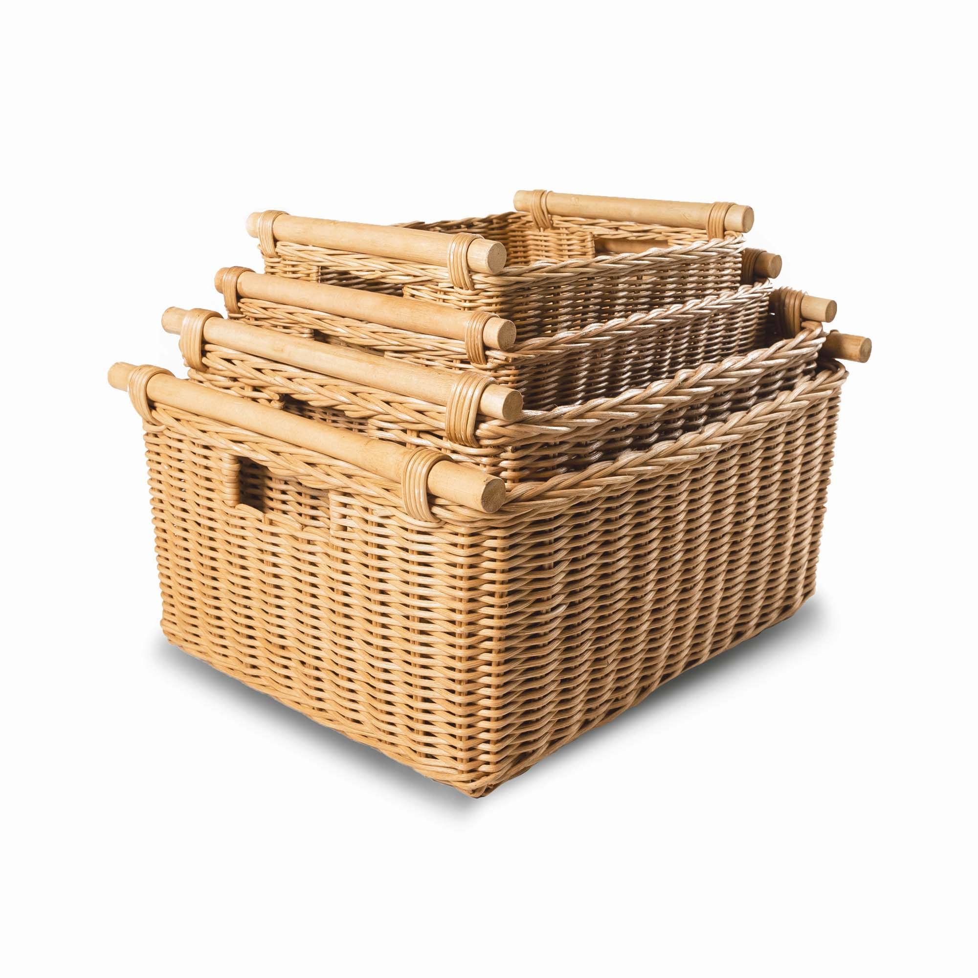 Pole Handle Wicker Storage Basket in Sandstone, 4 sizes stacked | The Basket Lady
