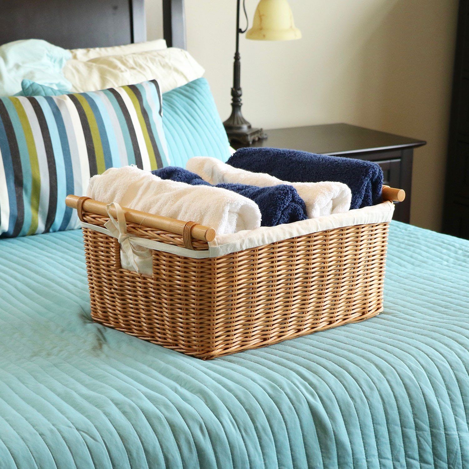 Pole Handle Wicker Storage Basket Toasted Oat with towels | The Basket Lady