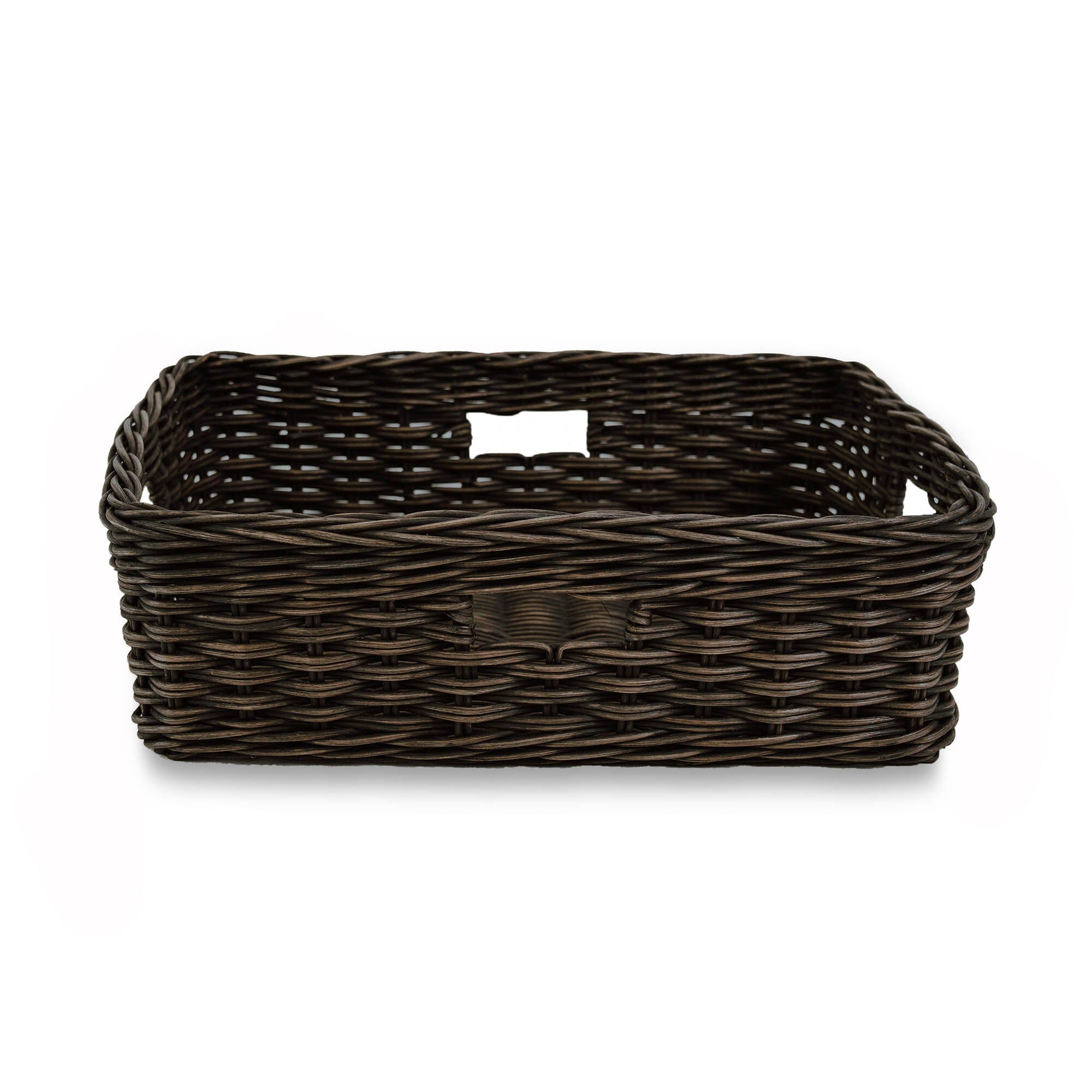 Rectangular Low Wicker Storage Basket, Antique Walnut Brown Large, side view | The Basket Lady 