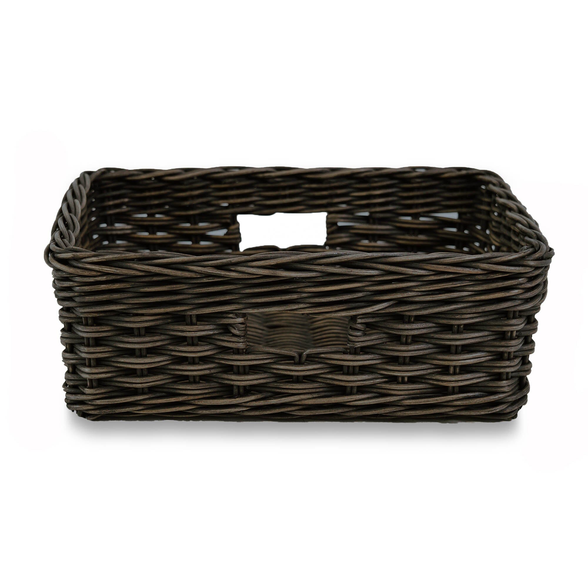 Rectangular Low Wicker Storage Basket, Antique Walnut Brown Medium, side view | The Basket Lady 