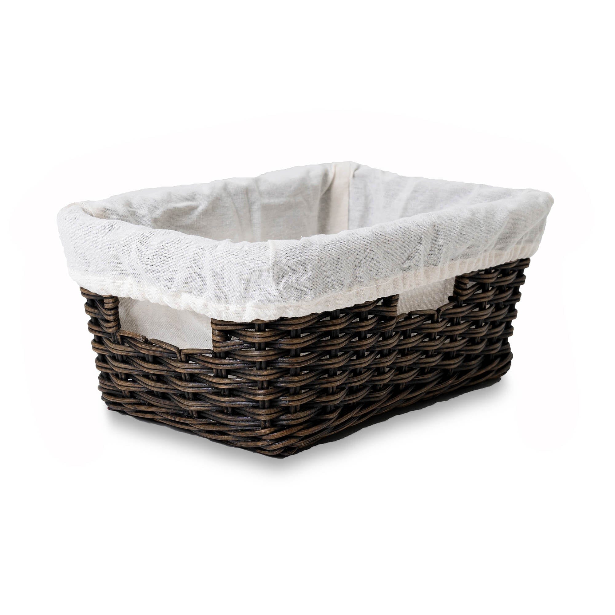 Rectangular Low Wicker Storage Basket, Antique Walnut Brown Small Including Liner | The Basket Lady 
