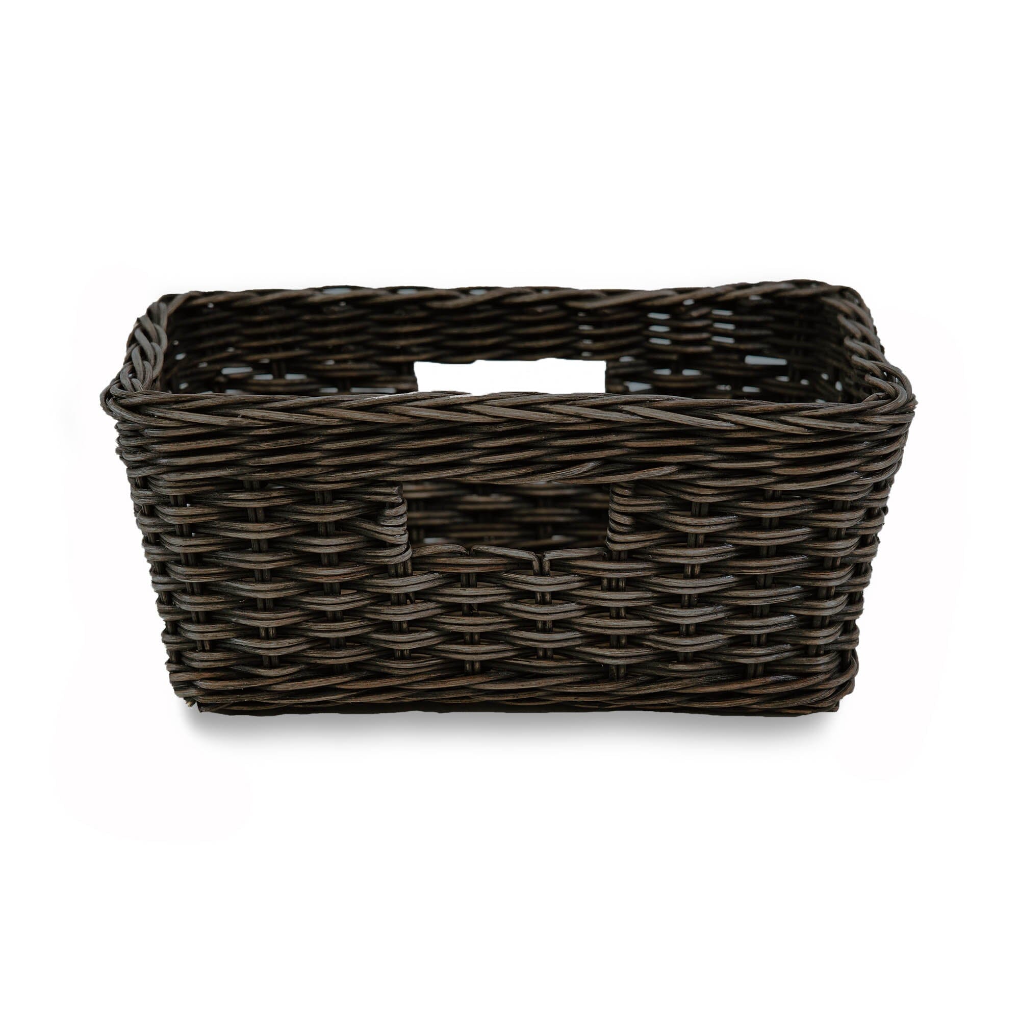 Rectangular Low Wicker Storage Basket, Antique Walnut Brown Small, side view | The Basket Lady 