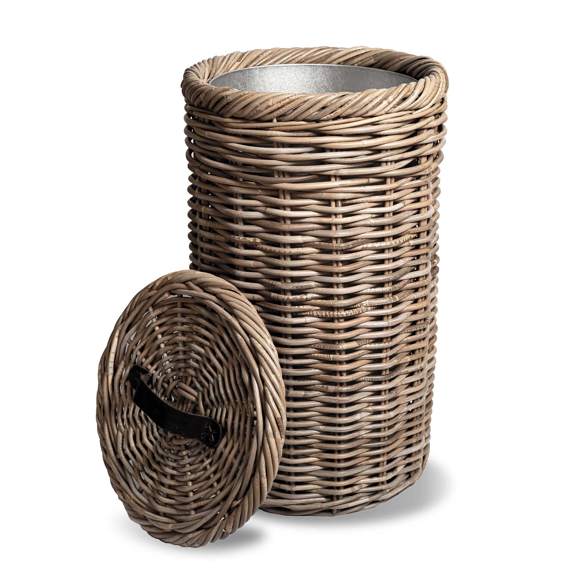 Tall Kubu Wicker Kitchen Trash Basket with lid off | The Basket Lady