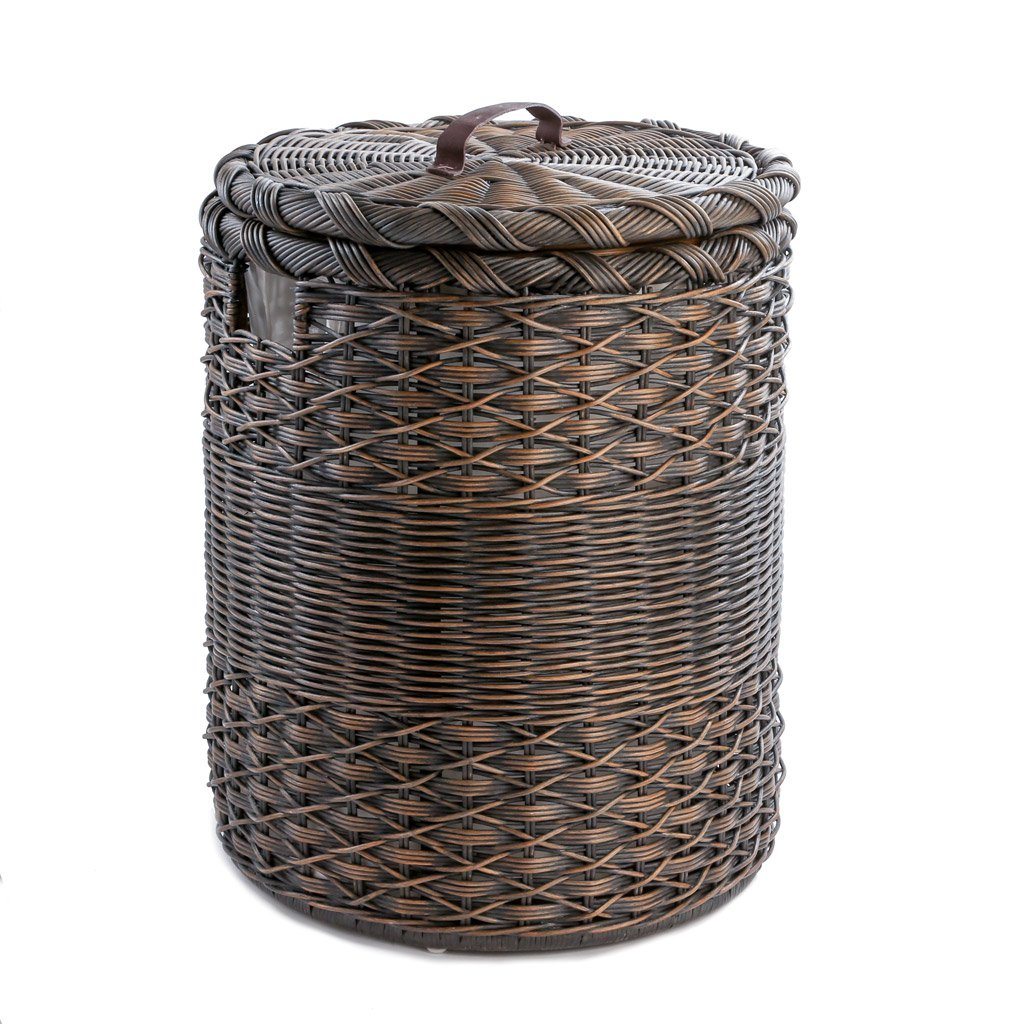 #color_antique walnut brown - The Basket Lady Round Wicker Laundry Hamper in Antique Walnut Brown