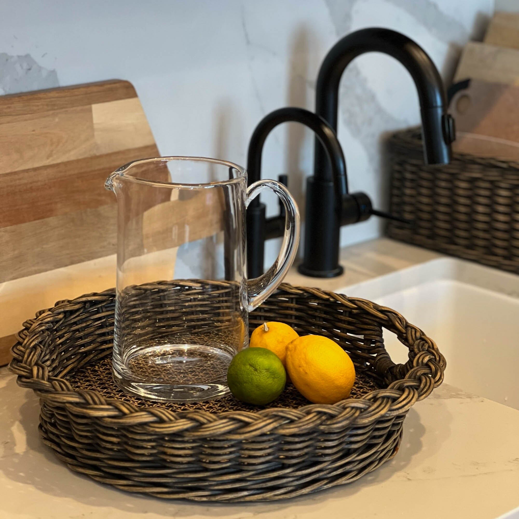 Round Wicker Serving Tray, size S / Antique Walnut Brown, on kitchen counter | The Basket Lady