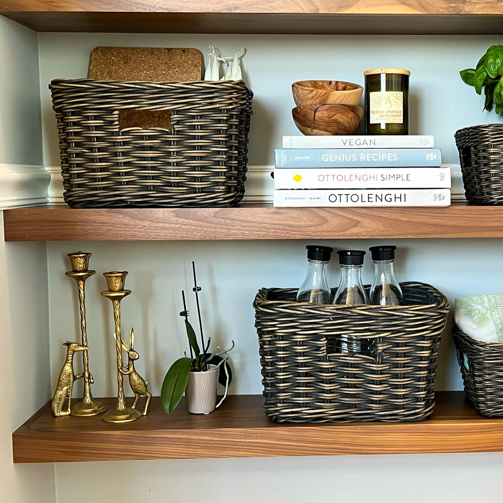 Kitchen Shelves with Rectangular Deep Wicker Storage Baskets, Antique Walnut Brown Small | The Basket Lady