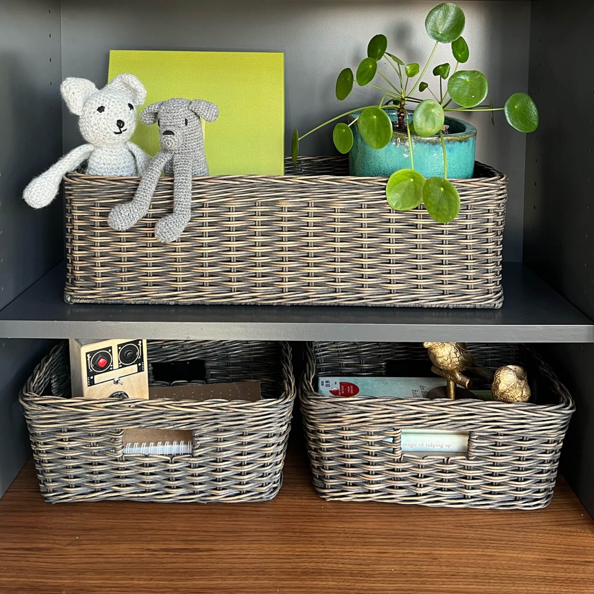 Office Shelves using 2 Rectangular Low Wicker Storage Baskets, Antique Walnut Brown Small | The Basket Lady