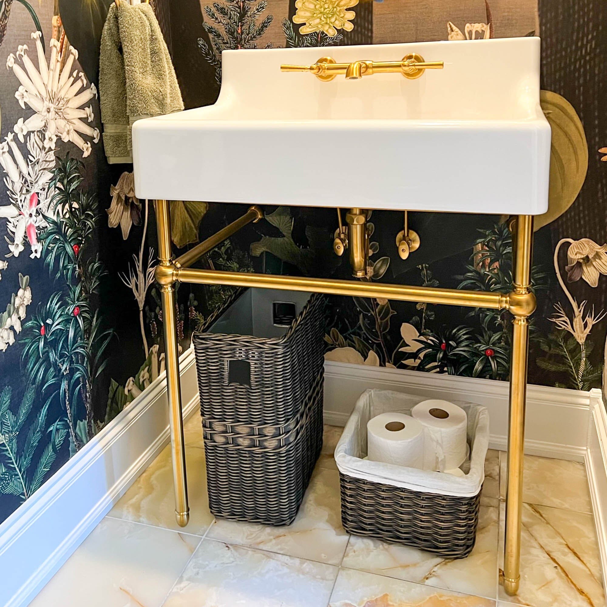 Powder Room with Open Vanity | Square Deep Wicker Storage Basket Antique Walnut Brown Small Including Liner and Rectangular Wicker Waste Basket | The Basket Lady