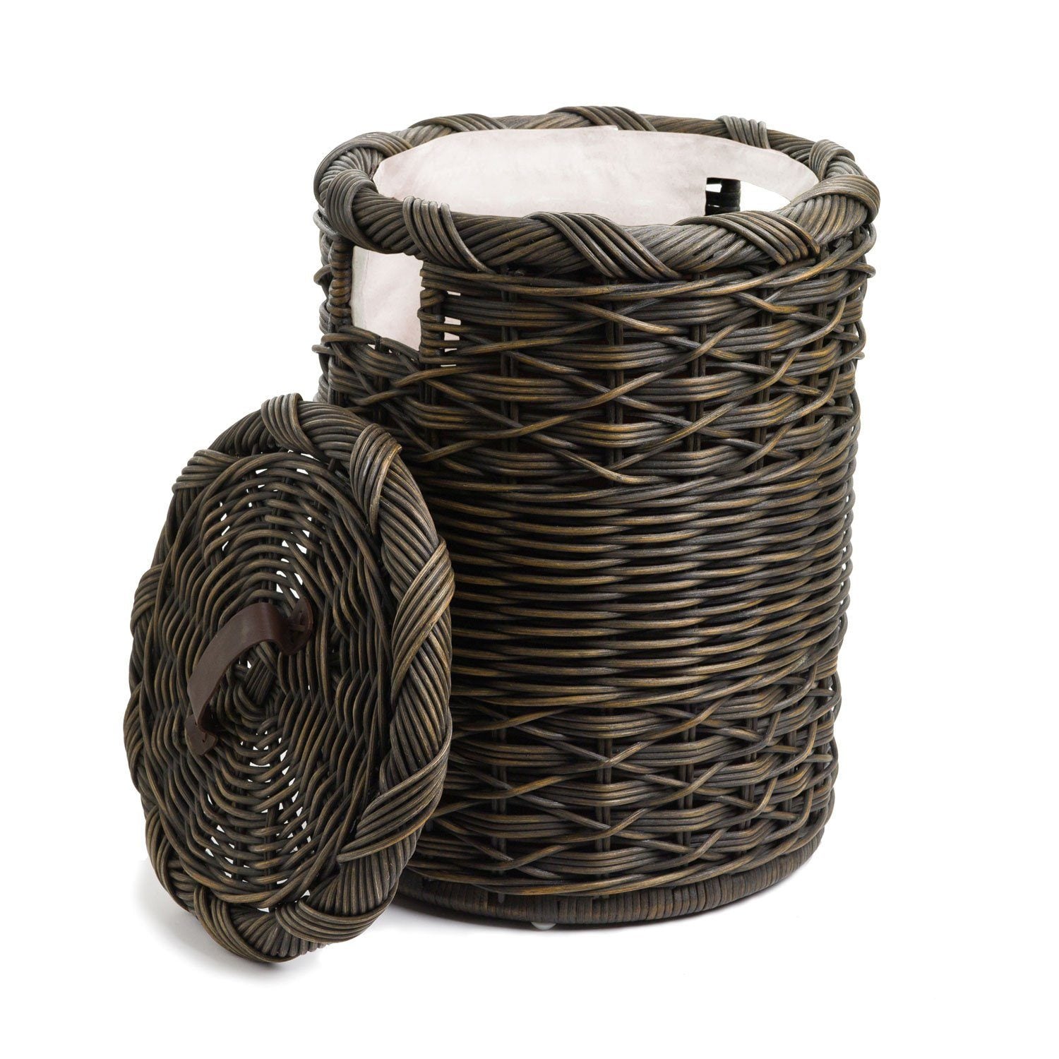 #color_antique walnut brown - Small Round Wicker Laundry Hamper in Antique Walnut Brown with lid removed | The Basket Lady