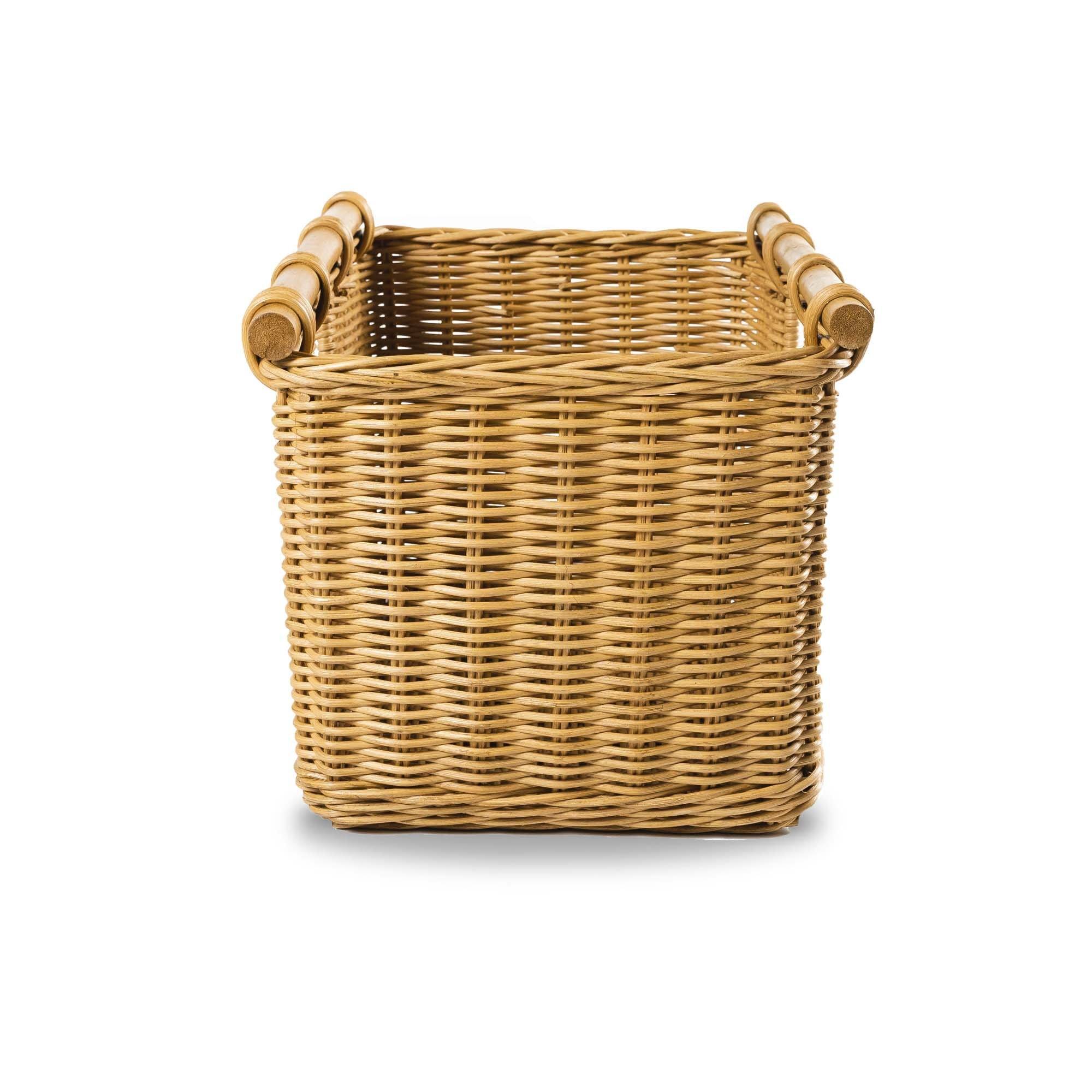 Tall Narrow Wicker Storage Basket in Sandstone, side view | The Basket Lady