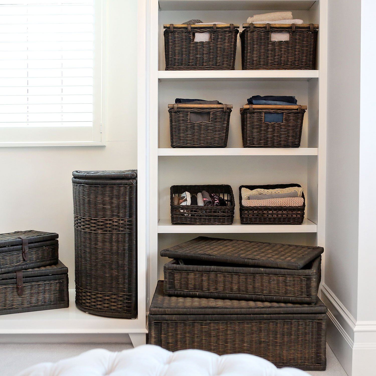 Pole Handle Wicker Storage Basket in Antique Walnut Brown | Closet Wardrobe Shelf Storage | The Basket Lady